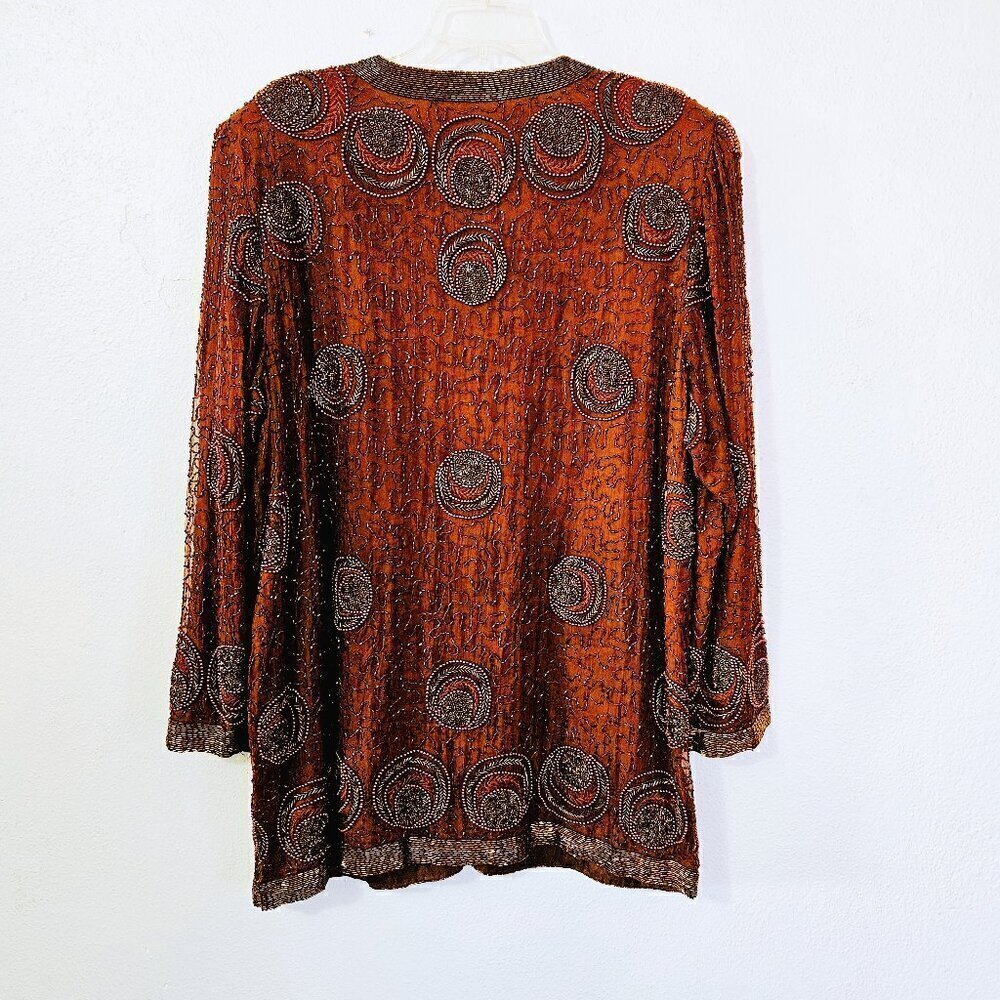 Vintage Women's Beaded Brown Jacket 100% Pure Silk Elegant Size 1X - Picture 4 of 8
